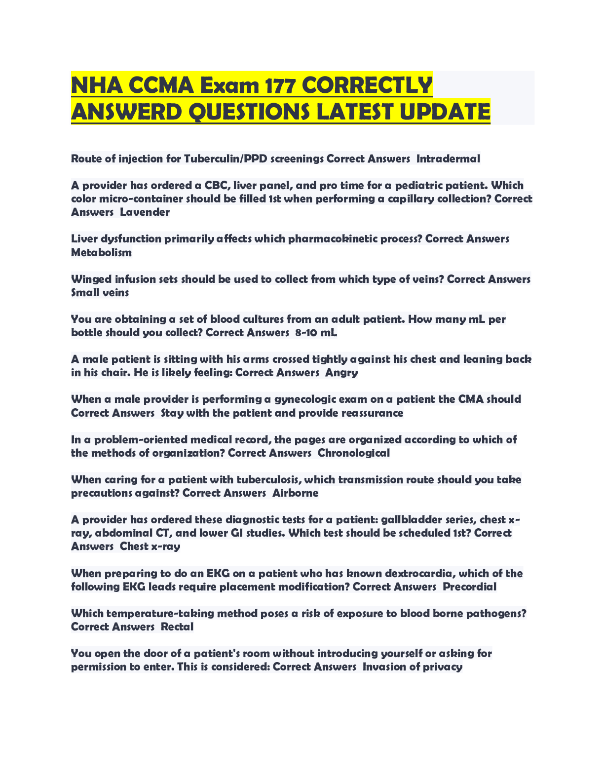 Preview image for NHA CCMA Exam 177 CORRECTLY ANSWERD QUESTIONS LATEST UPDATE